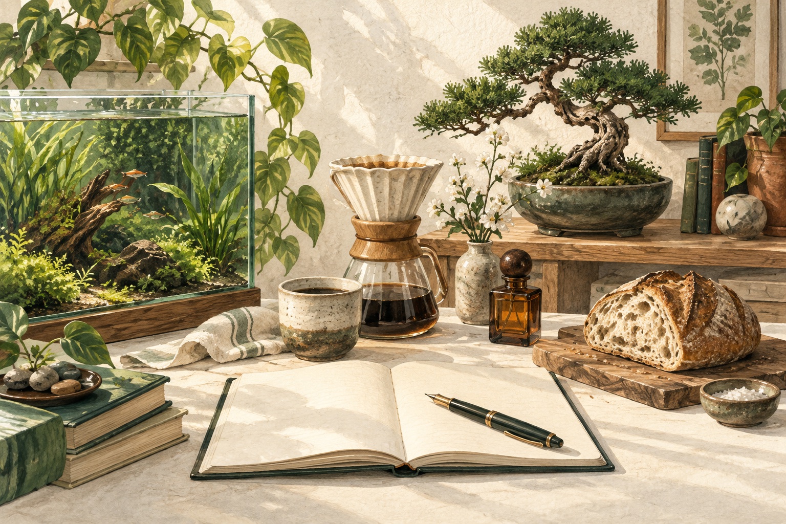 An illustrated tabletop with an aquarium, bonsai, pour-over coffee, perfume, sourdough, and an open notebook.